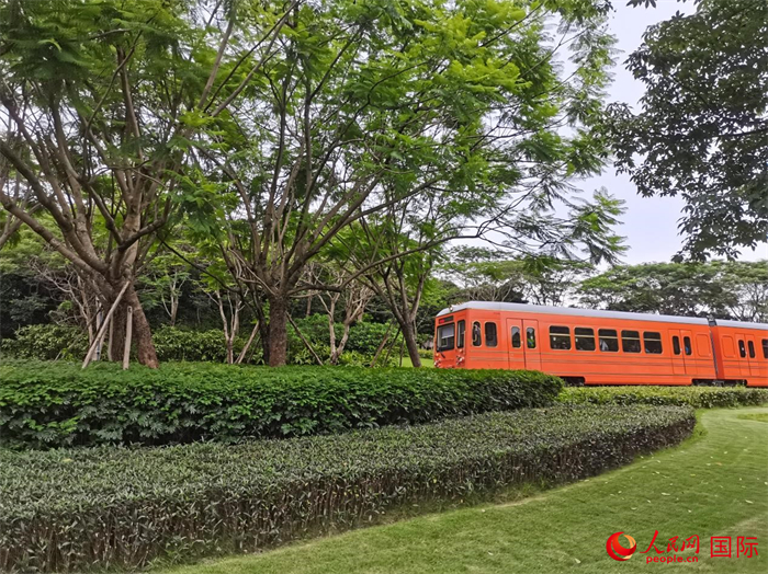 華為松山湖歐洲小鎮(zhèn)內(nèi)的輕軌小火車。人民網(wǎng) 蔡海若攝